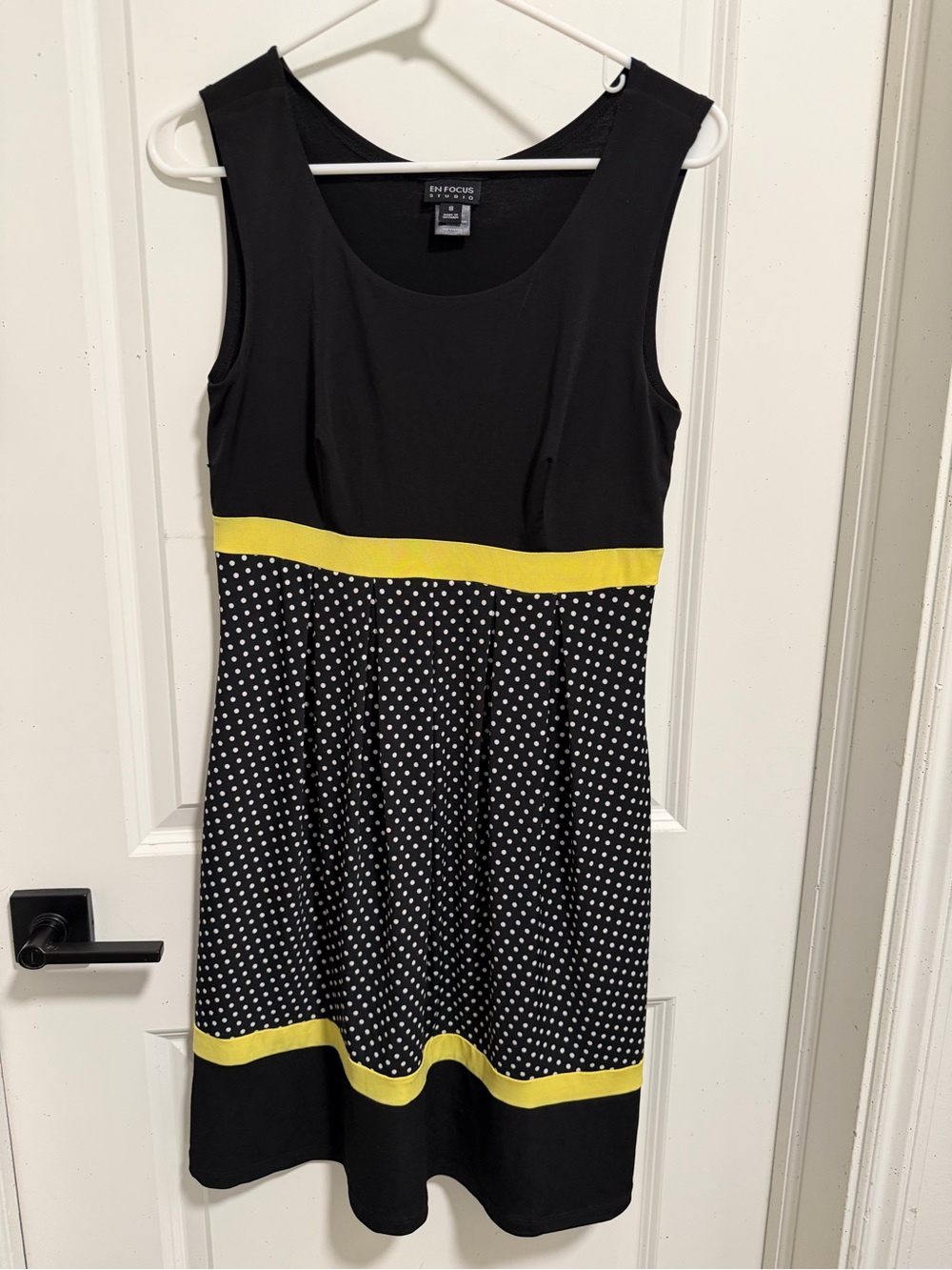Enfocus Studio Black Polka Dot Midi Dress with Yellow Accents